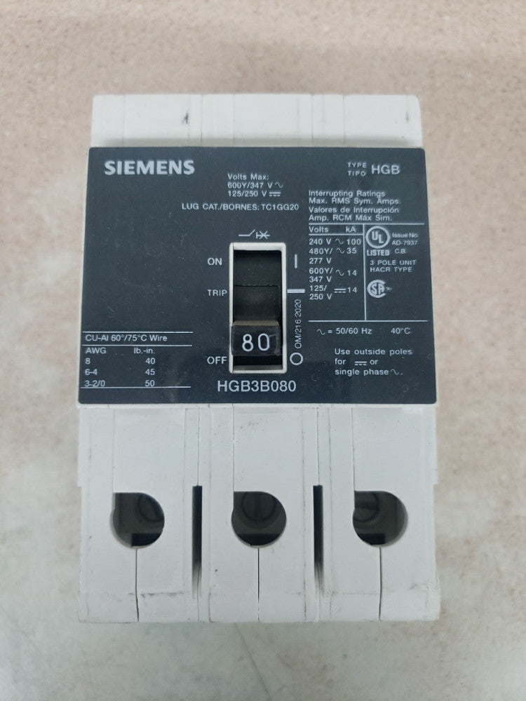 SIEMENS 80 AMP BOLT-ON CIRCUIT BREAKER 3 POLE 600Y/347V HGB3B080 NTO