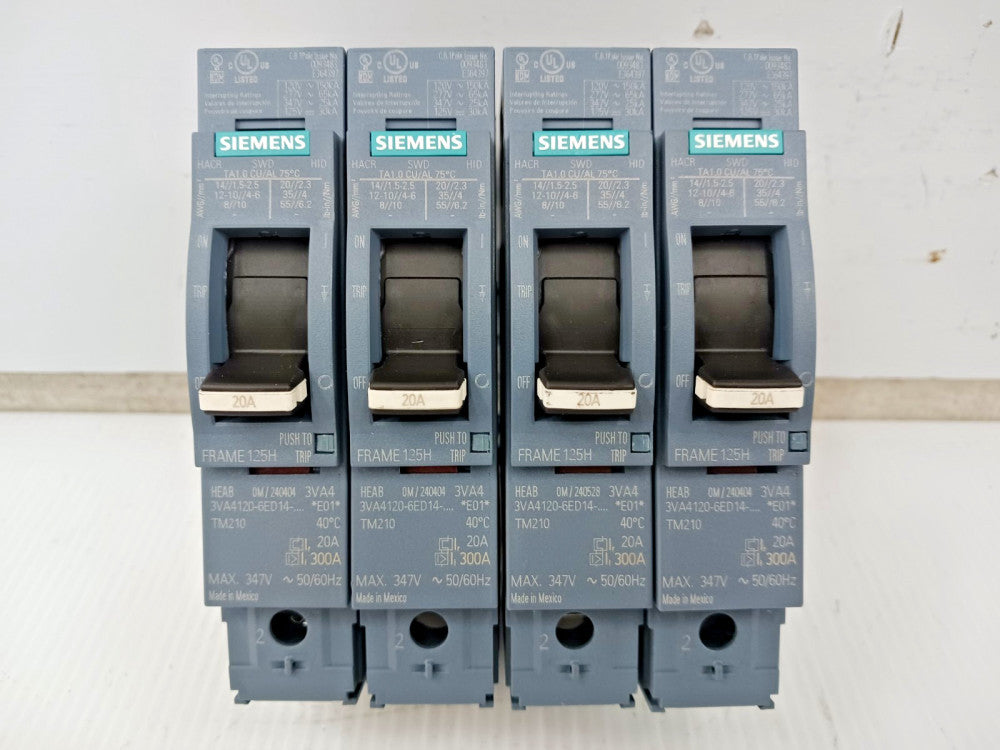 Lot of 4) NTO Siemens 20 Amp Circuit Breaker 1 Pole 347 VAC 3VA4120-6ED14-0AA0