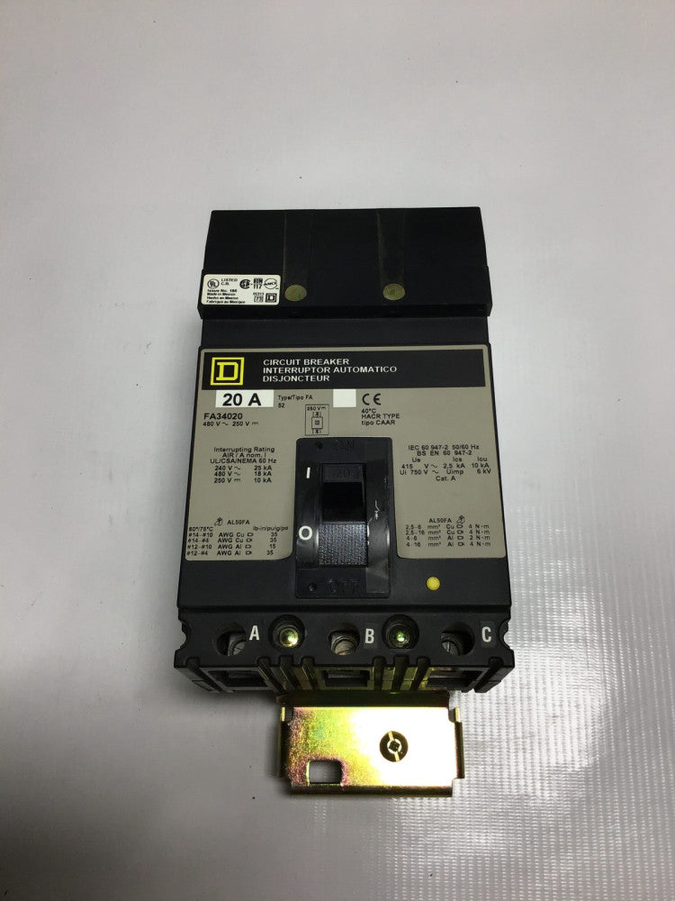 Square D FA34020 Circuit Breaker 3 Pole Type FA S2 250/480V 20A 50/60Hz