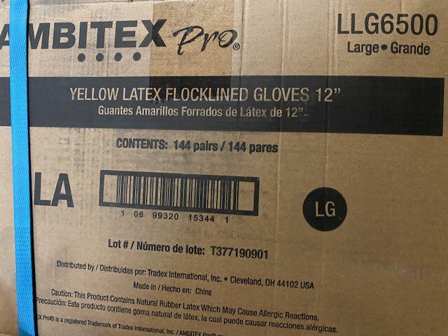 (Case of 144) Ambitex LLG6500, Large, 12 in. Yellow Flock-Lined Latex Gloves
