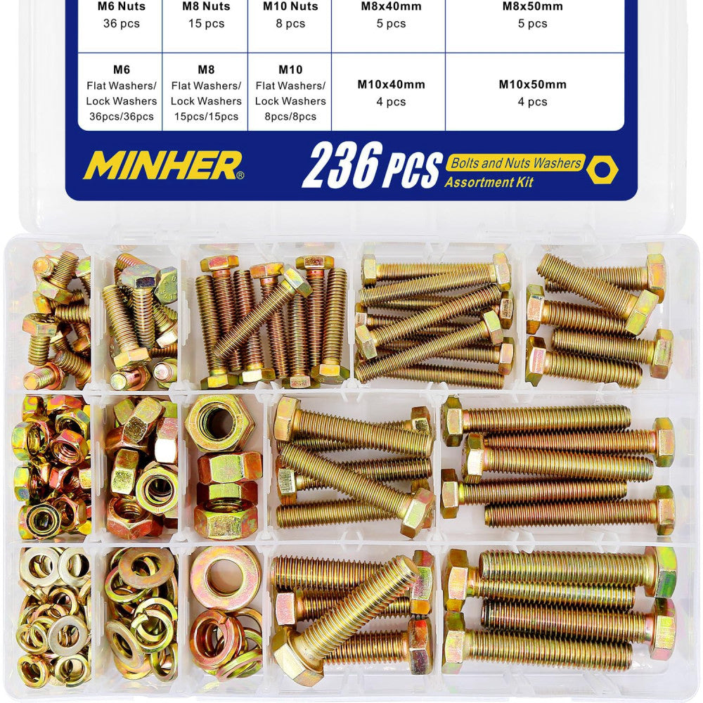 236PCS M6 M8 M10 Heavy Duty Bolts and Nuts Assortment Kit 8.8 Alloy Steel Hex...