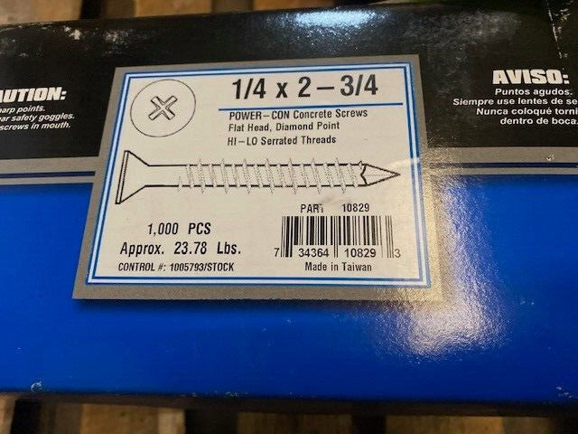 (1,000) 1/4" X 2-3/4" Power-Con Phillips Flat Head Concrete Screws, Blue Finish