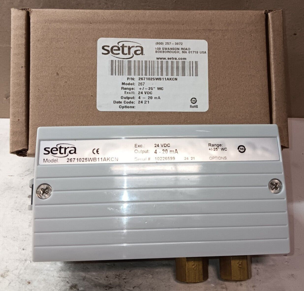 NEW SETRA 2671025WB11AKCN MODEL 267 PRESSURE TRANSDUCER 4-20mA +/-25"WC 24 VDC