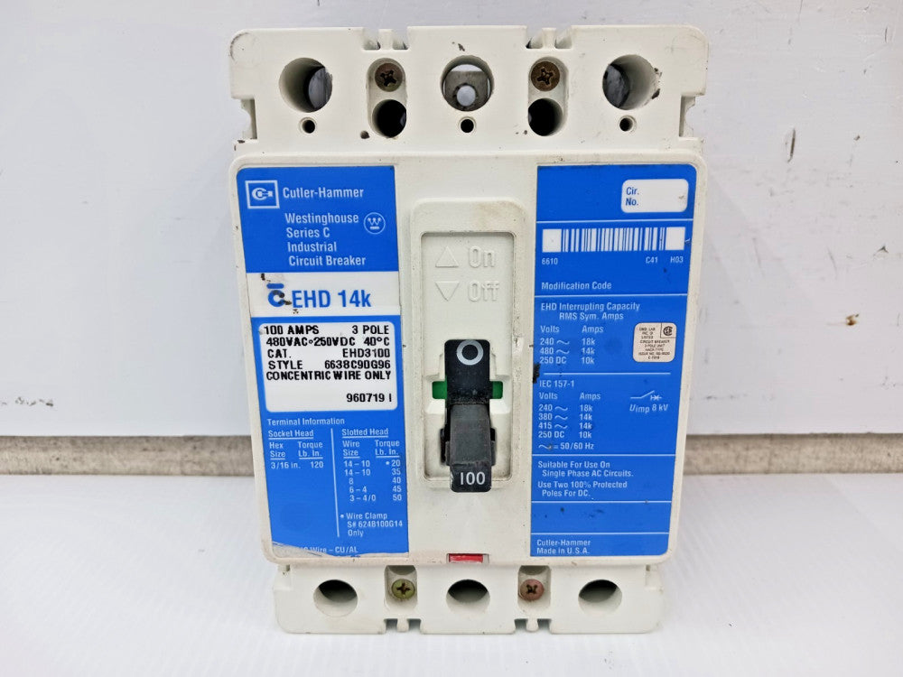 Cutler Hammer 100 Amp Circuit Breaker 3 Pole 480 VAC / 250 VDC EHD3100 *Residue*
