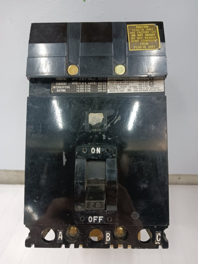 SQUARE D 20 AMP CIRCUIT BREAKER 3 POLE 600 VAC FA-36020