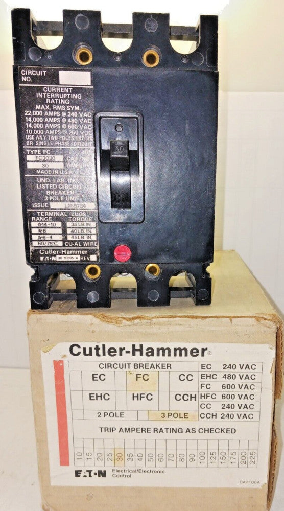 NEW CUTLER HAMMER 30 AMP CIRCUIT BREAKER 3 POLE 600 VAC 250 VDC FC3030