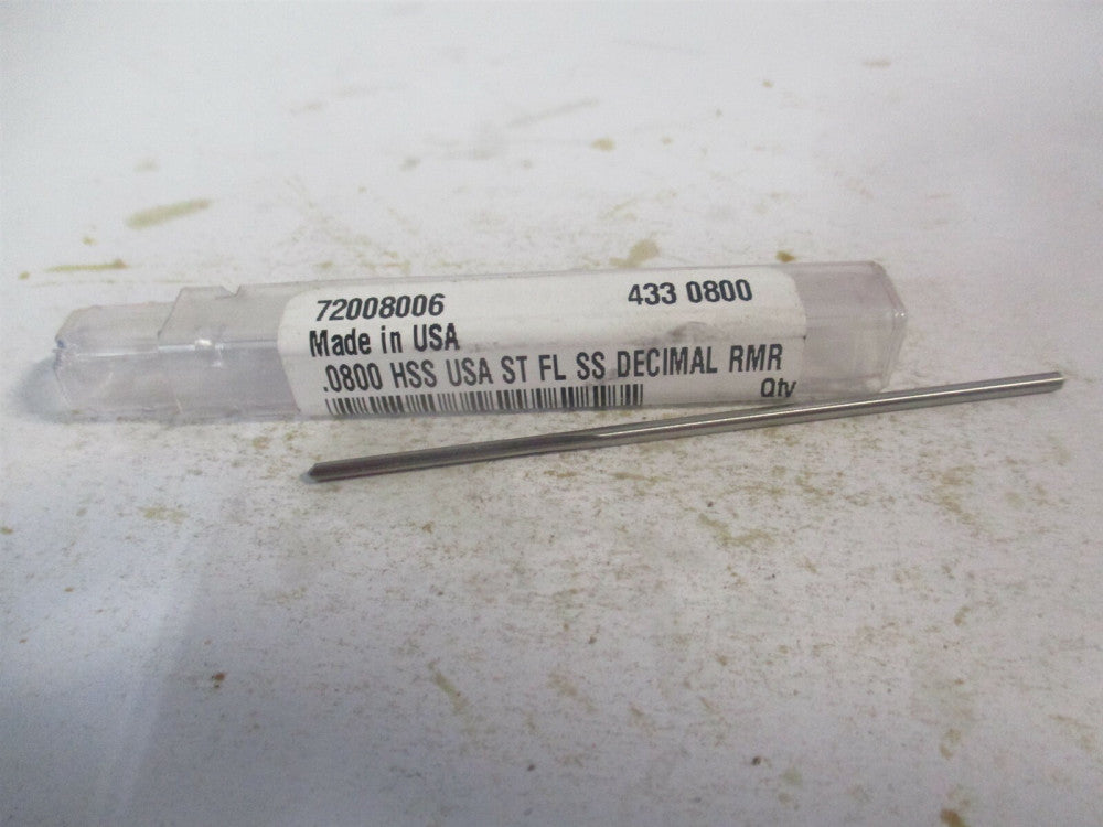 (433-0.0800) 0.08" x 3/4" x 3" OAL 4-Flute Straight Shank HSS Chucking Reamer