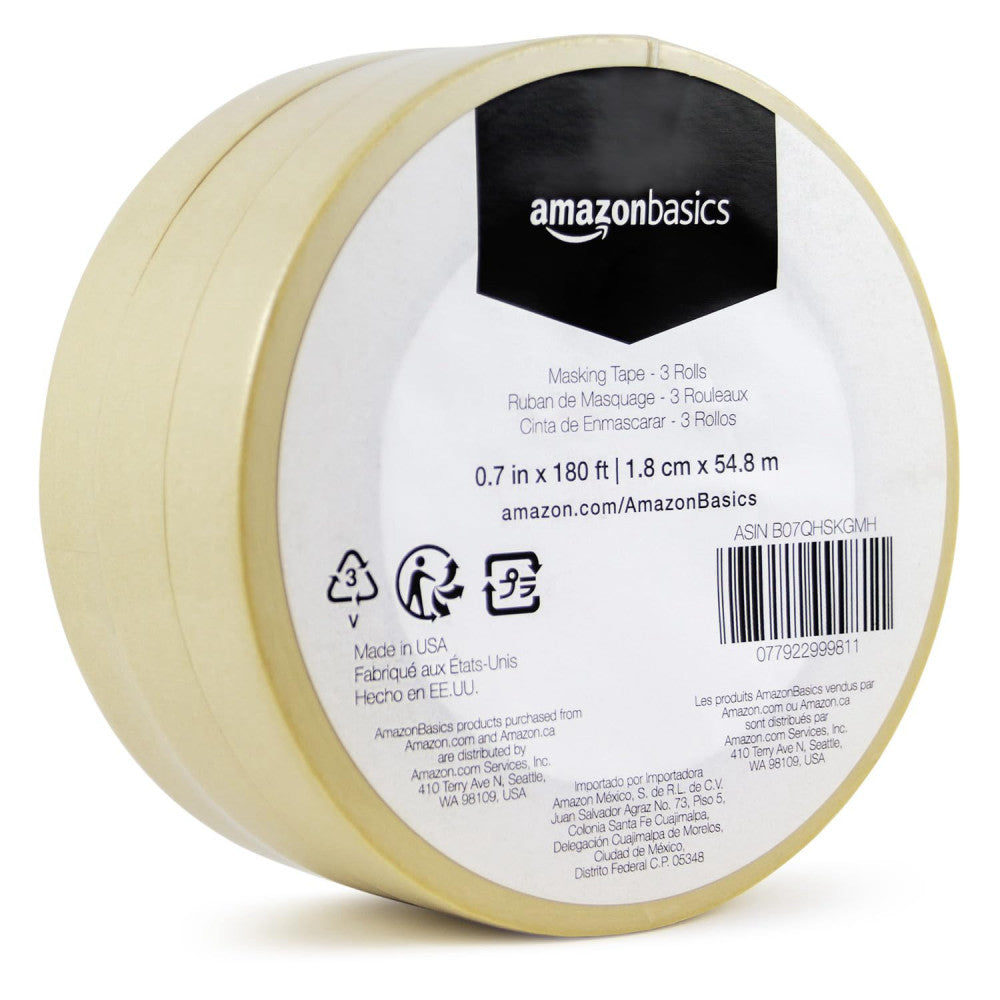 Amazon Basics Masking Tape, Pack of 3 Rolls, Beige, 0.7 Inch X 180 Feet