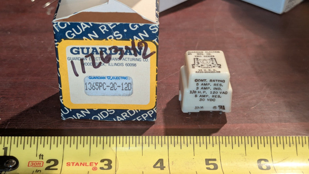 Guardian Electric Relay 1365PC-2C-12D 5A 1/8HP NIB