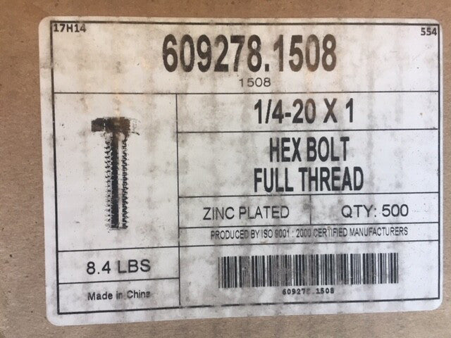 (Box of 500) 1/4-20 x 1" Zinc Plated Hex Head Cap Full Thread Screw Bolts (NEW)