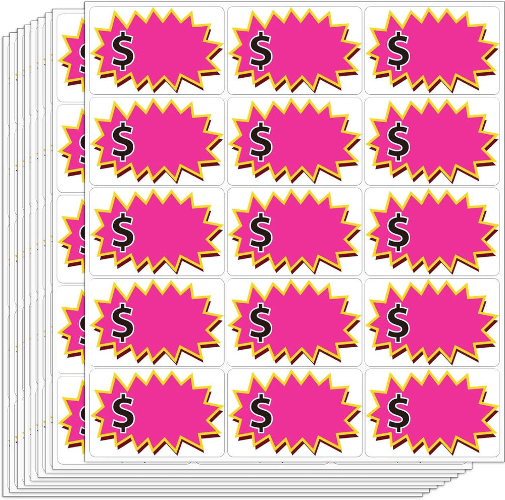 300 Pcs Garage Sale Stickers - Removable Adhesive Yard 2 x3 inch, Pink