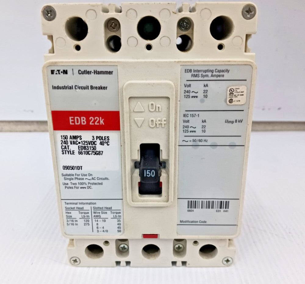 EATON 150 AMP CIRCUIT BREAKER 3 POLE 240 VAC / 125 VDC 22kA EDB3150