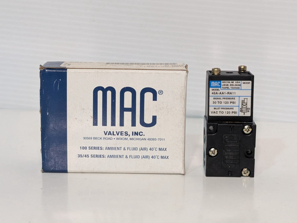 MAC Valves 45A-AA1-RA11 Four Way Poppet Valve Signal, 30-120PSI, Unused in Box