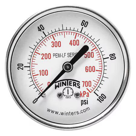 Winters Pem1439lf Lead-Free Pressure Gauge, 0 To 100 Psi, 2 1/2 In Dial, 1/4 In