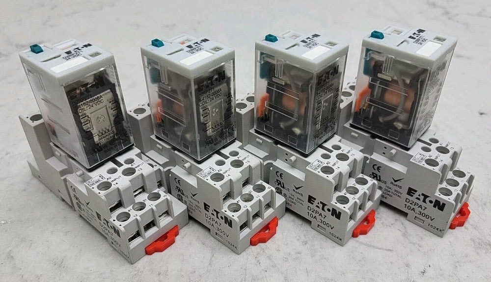 4 Pack Eaton D2RF2T1 Ice Cube Relay 2P 12A 24V 50/60Hz w/ D2PA7 Relay Socket