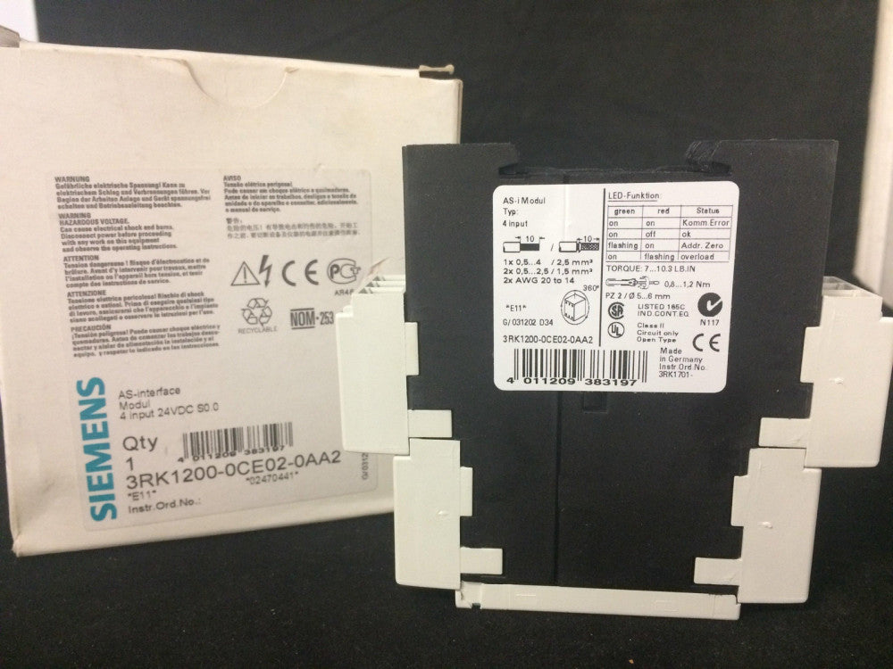 SIEMENS 3RK1200-0CE02-0AA2 AS-I SLIM LINE MODULE, 4 INPUT, 24VDC, S0.0