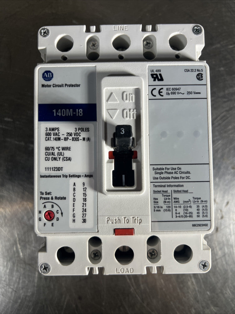Nos Surplus ALLEN-BRADLEY MOTOR CIRCUIT PROTECTOR 140M-I8P-B30S-M BREAKER