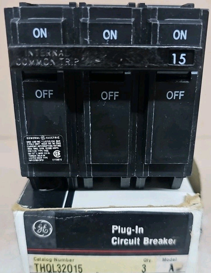 1) New Old Stock GE THQL32015 15 Amp 3 Pole THQL Circuit Breaker Plug On OT