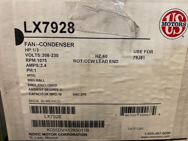 LX7928 Nidec-US Motors 208-230v 1/3hp 1075rpm Motor (NEW)