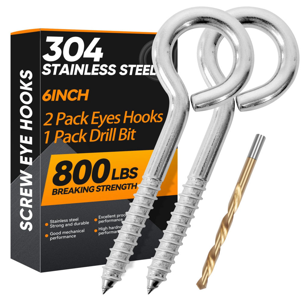 2Pcs 6 Inch Heavy Duty Screw Eyes Hooks, 304 Stainless Steel Self Tapping Eye...