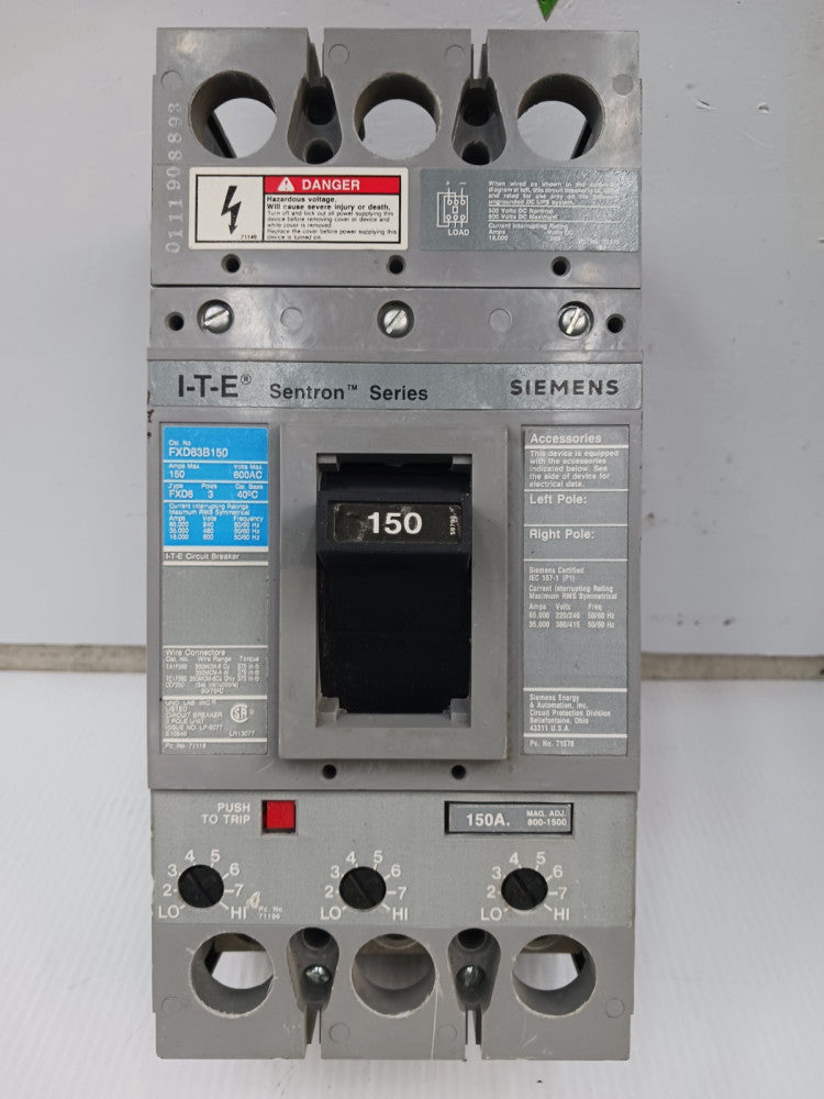 Siemens ITE Sentron 150 Amp Circuit Breaker 3P 600 VAC FXD63B150 (Flawed)