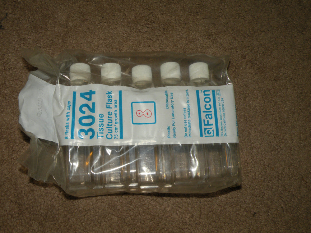 (5) Sealed FALCON 3024 Tissue Culture Flasks 250mL Canted Neck