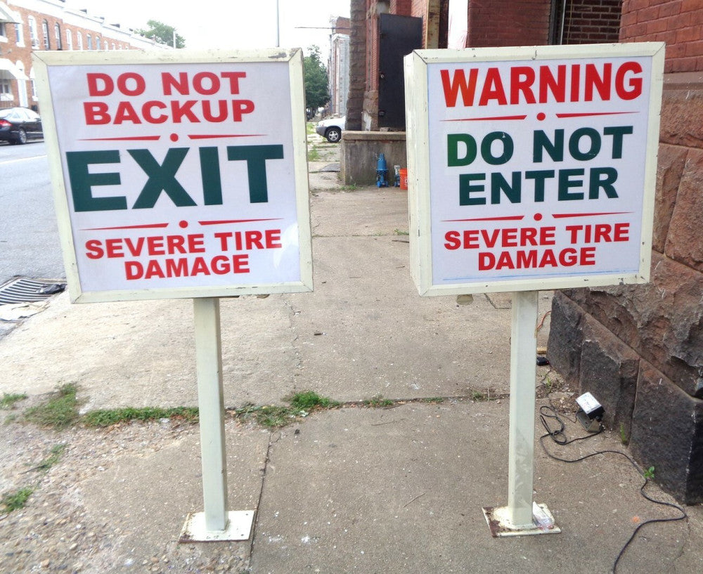 (2) SIGN BOXES w/Pedestals 2 Sided DO NOT BACK UP SEVERE TIRE DAMAGE - NEW NOS