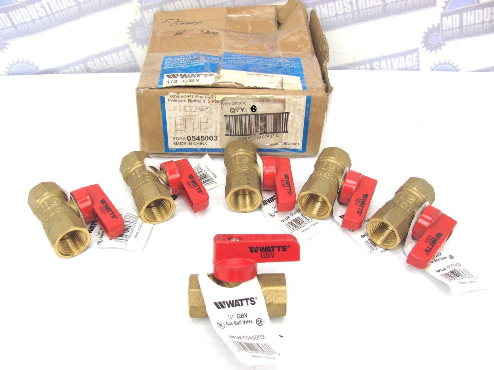 (6 Pcs.) WATTS - 0545003 - GBV - 1/2in FNPT 2-Piece Ball Valve For Gas - (NEW)