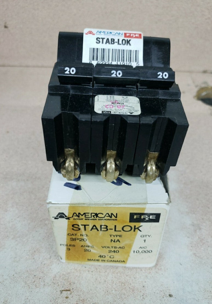 1) Federal Pacific 20Amp 3 Pole Type NA Circuit Breaker American HUMP FPE 240VAC