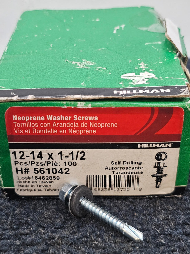 (QTY 100) Hillman 561042: Steel Hex Neoprene Washer Head Metal Screw 12-14x1-1/2