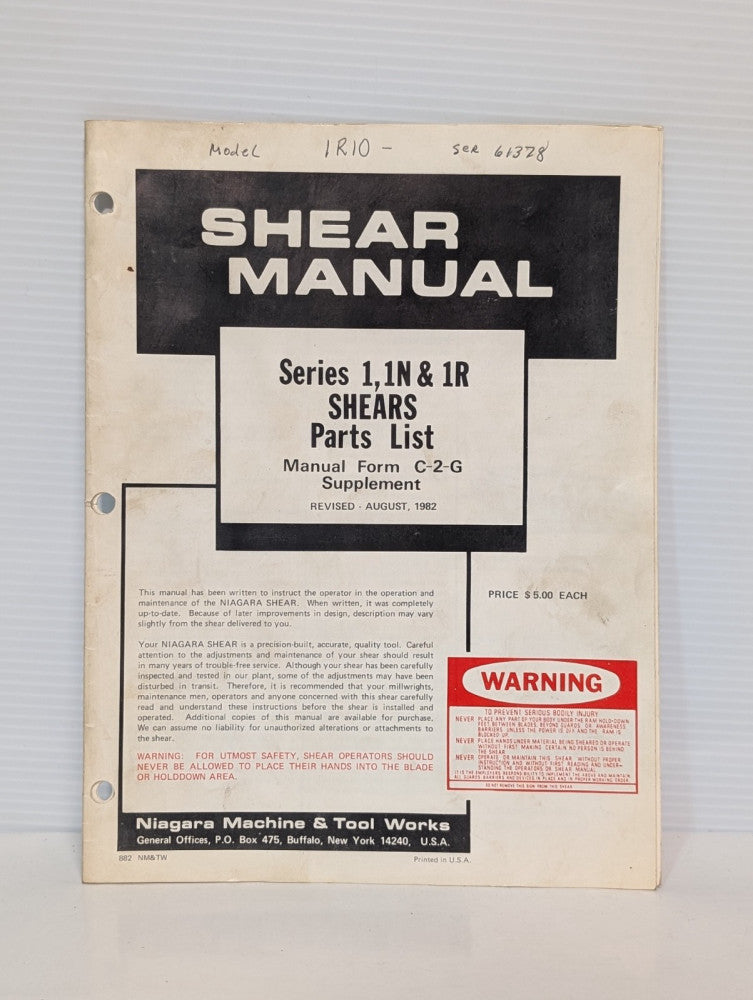 Niagara Machine & Tool 1, 1N & 1R Shear Shears Parts List Manual, as shown