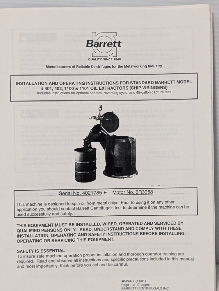 Barrett Centrifugals 402E Oil Extractor Manual for 401, 402, 1100 & 1101 Wrin