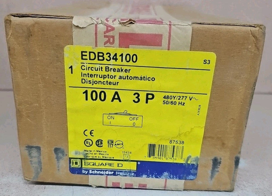 SQUARE D EDB34100 100A 3 POLE 277/480V HACR CIRCUIT BREAKER NEW