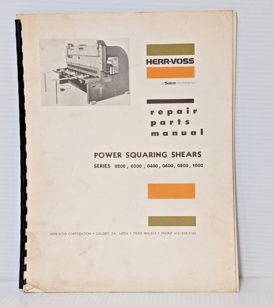 Salem Herr-Voss Power Squaring Shears Machine Parts Manual 0200, 0300, 0400 +