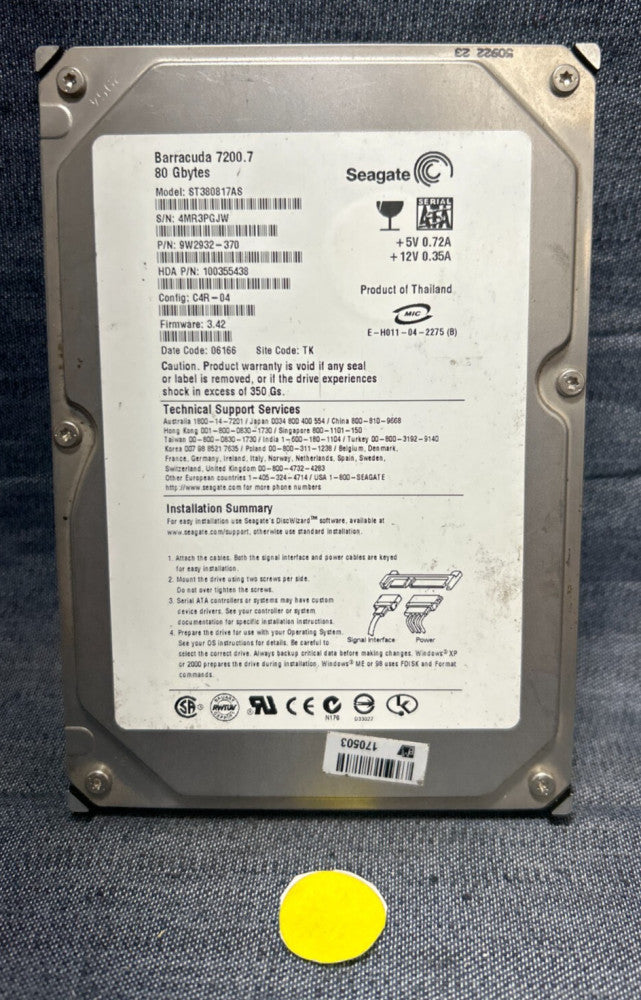 SEAGATE HARD DRIVE 9W2932-370 80GB +5V 0.72A +12V 0.35A