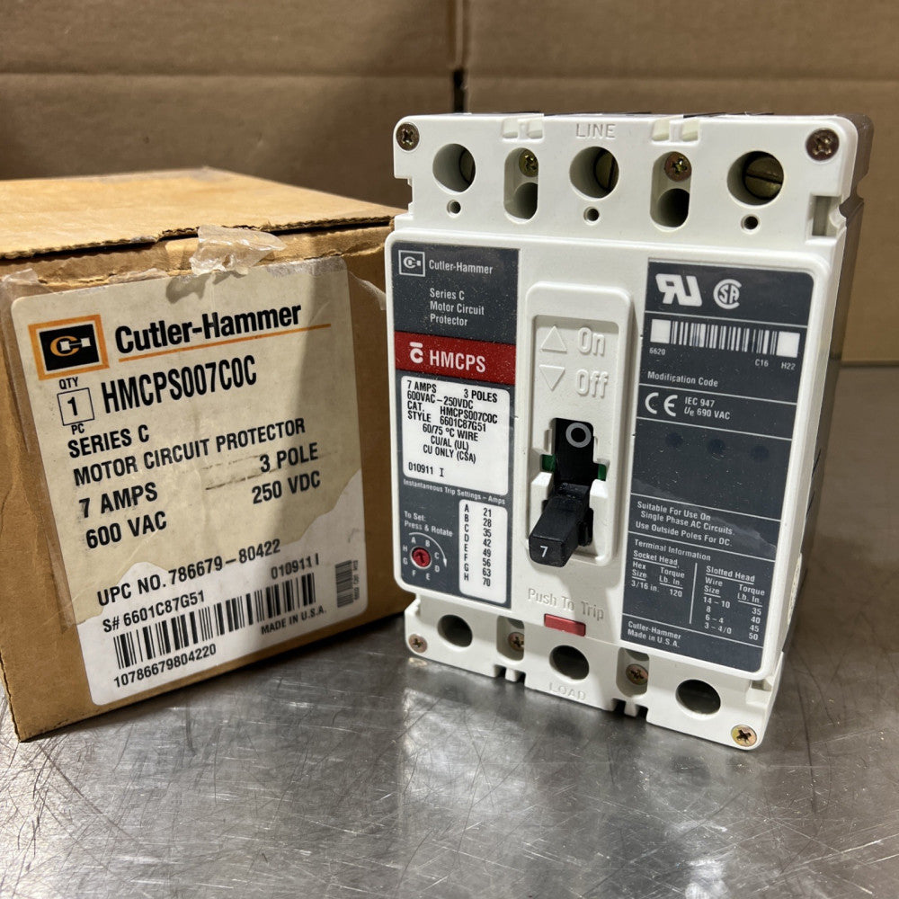 HMCPS007C0C, Eaton, Molded Case Circuit Breaker, 3P, 600V, 7A Nos Surplus