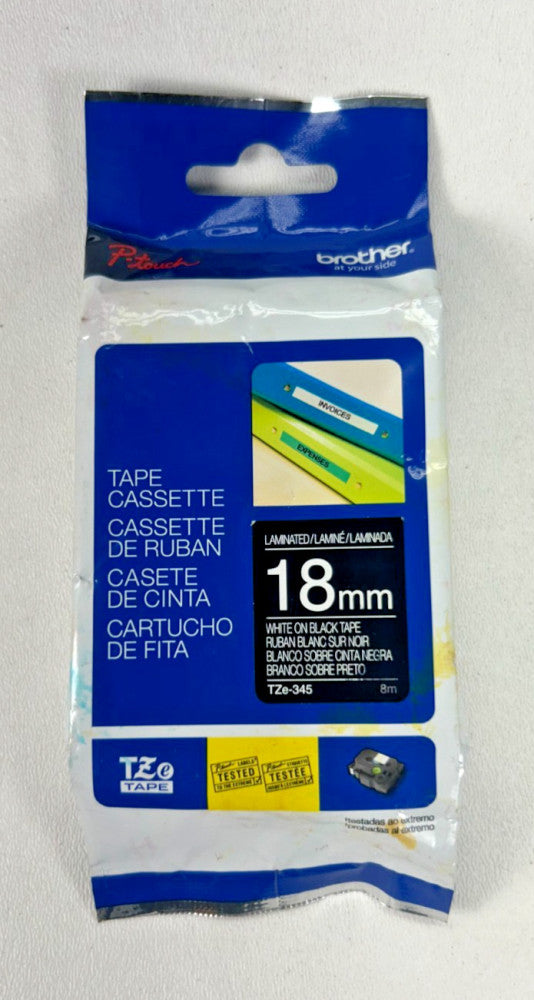 Genuine Brother P-touch TZe-345 White on Black Laminated Tape 18mm X 8m
