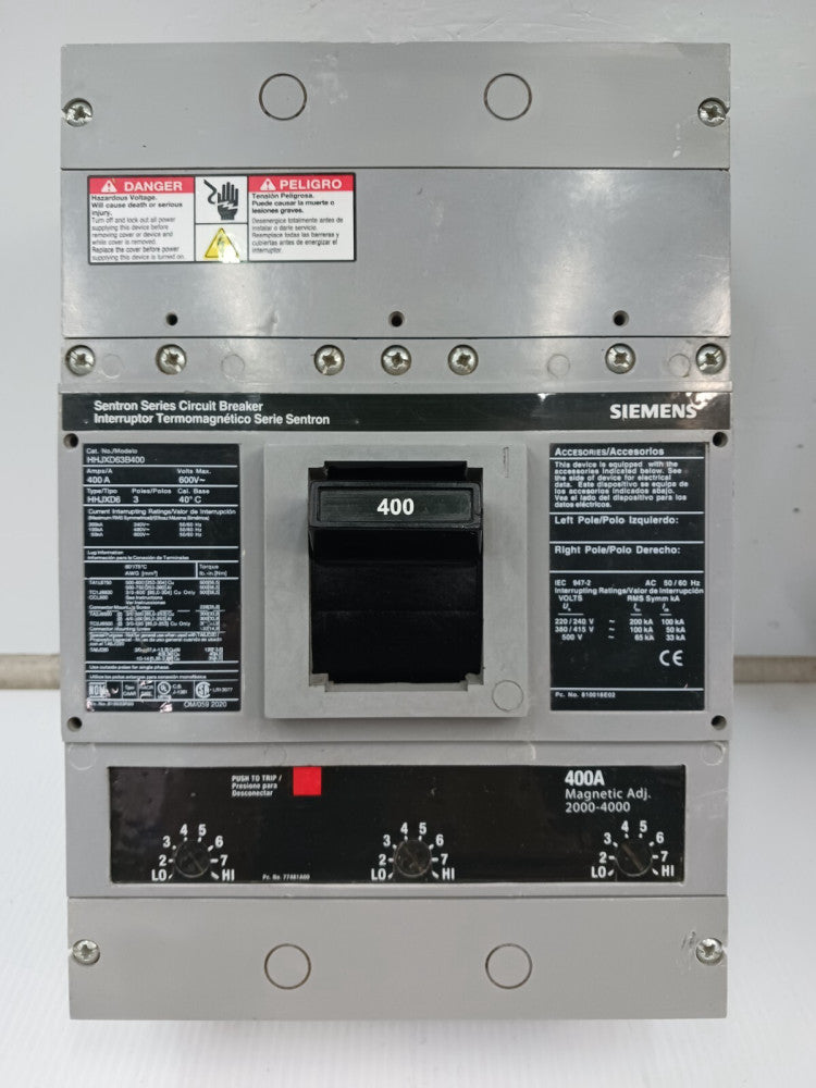 Siemens Sentron 400 Amp Circuit Breaker 3 Pole 600 VAC 100kA HHJXD63B400