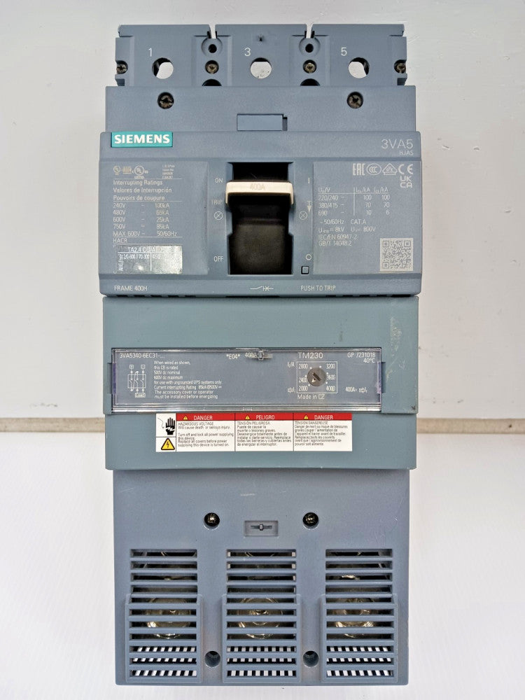 New Siemens 400 Amp Circuit Breaker 3 Pole 600 VAC / 750 VDC 3VA5340-6EC31-0AA0