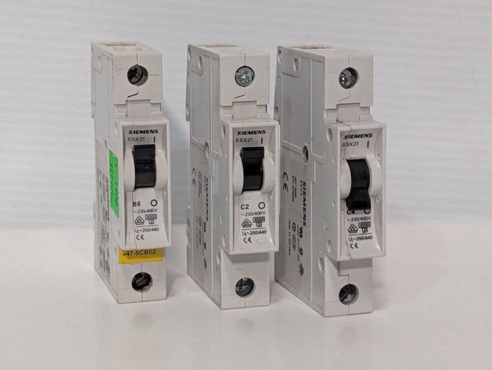 Lot of 4: Siemens 5SX21 Single-Pole Miniature Circuit Breakers, 230/400V