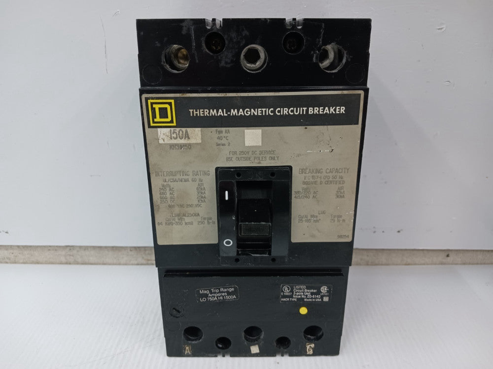 Square D 150 Amp Circuit Breaker 3 Pole 600 VAC / 250 VDC 35kA KH36150