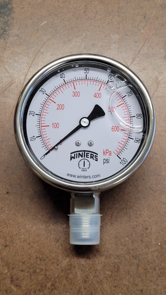 Winters PFP659 Liquid Filled 4" Pressure Gauge 0-100 PSI 1/2" NPT Bottom