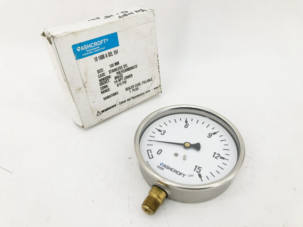 New Ashcroft 10 1008 A 02L 15# Gauge 100mm Brass 1/4" NPT 0/15psi Range