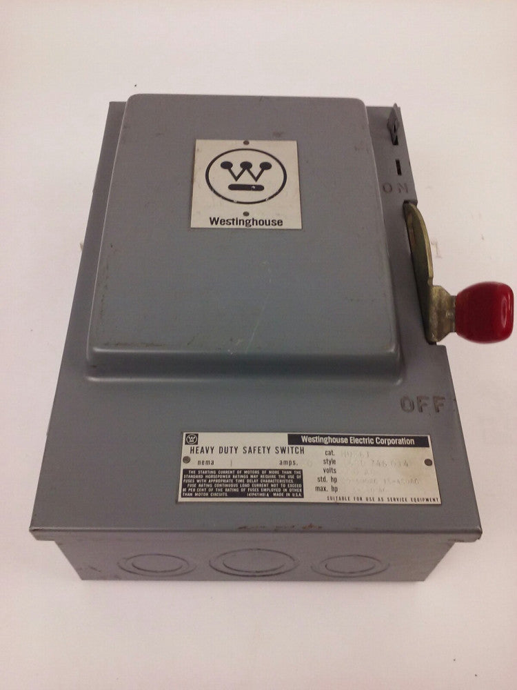 WESTINGHOUSE HU361, H.D. SAFETY SWITCH, 30A, 600V, 3P NON FUSIBLE, INDOOR, NEW