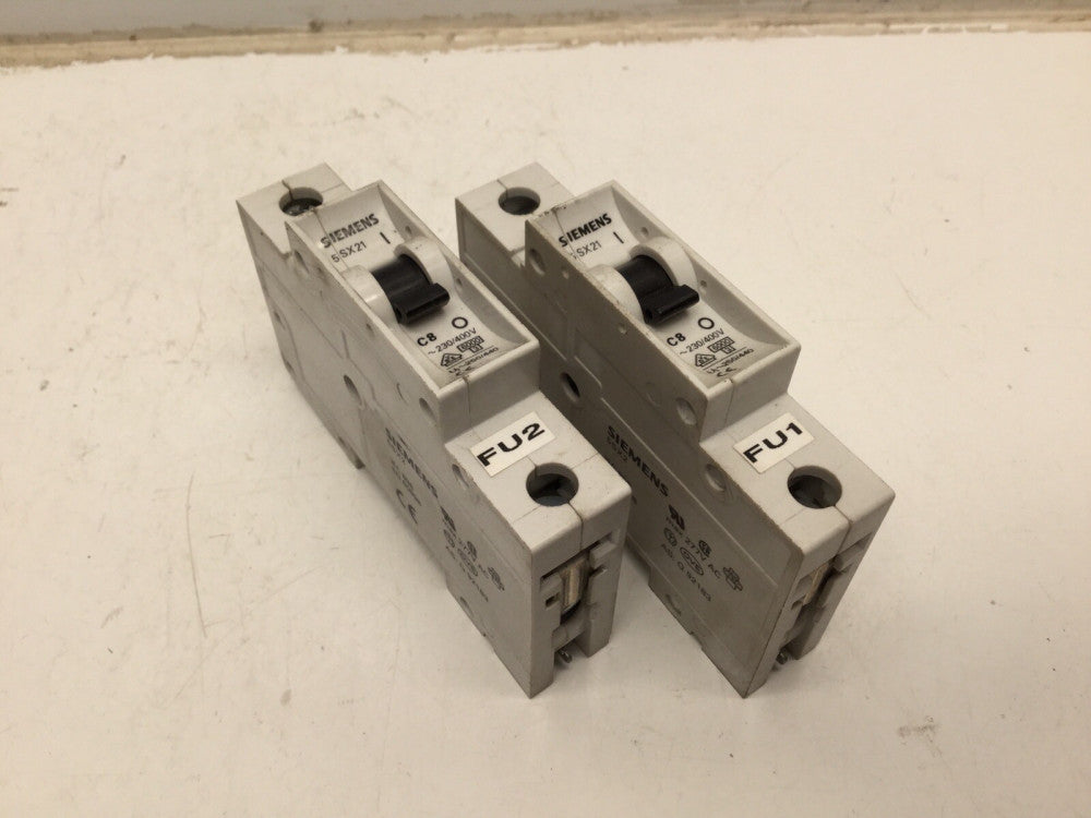 SIEMENS 5SX21 C8, 8 Amp Circuit Breaker, ~230/400V (Lot of 2)