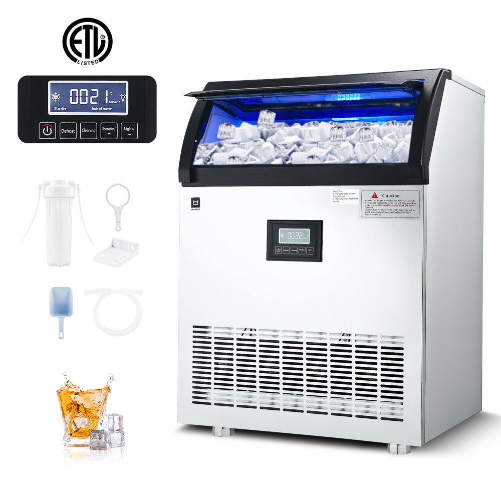 Commercial Ice Cube Maker, 198LBs/24H, 90PCS Tray, 55LBs Storage, ETL Cert.