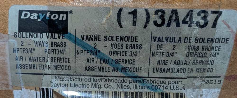 Dayton 3A437 Solenoid Valve 2-Way NC Brass Body Brand New