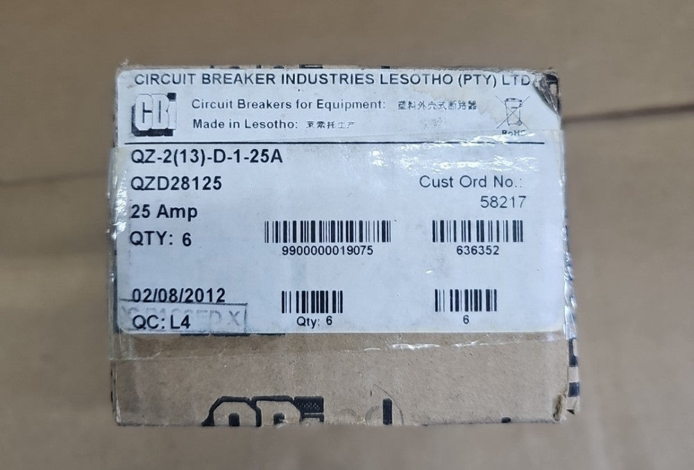 1) CBI Box of 6 QZD28125 2 POLE 25 AMP Circuit Breaker