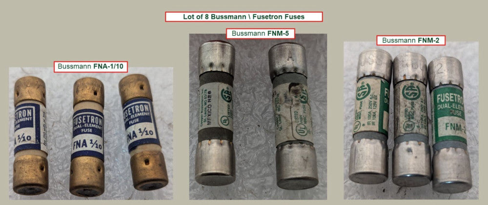 Lot of 8 Bussmann FNM FNA Series Fuses - FNA-1/10 (3), FNM-2 (3), FNM-5 (2)