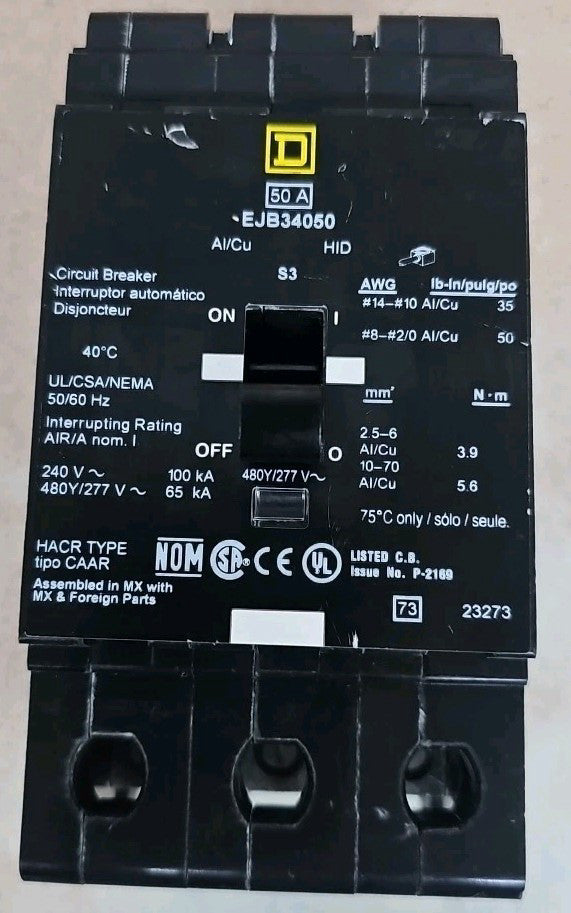 NEW EJB34050 - Square D Bolt-On 480V 50A 3P circuit breaker 65kA@480V NT SEE PIC